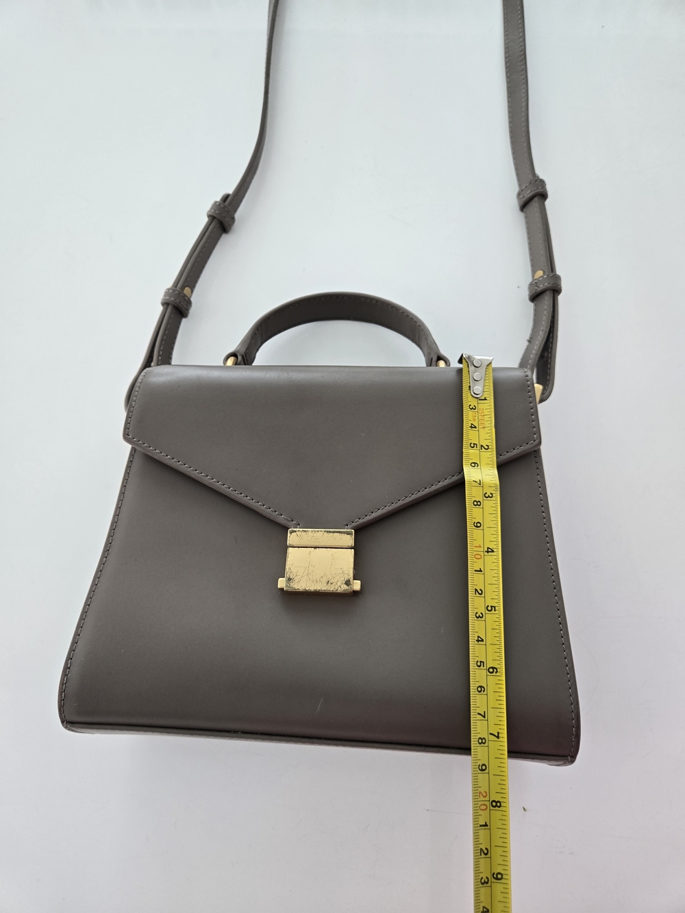 Quince Small Handle Crossbody Satchel w/ Detachable Strap Taupe Gold Hardware - Picture 12 of 16